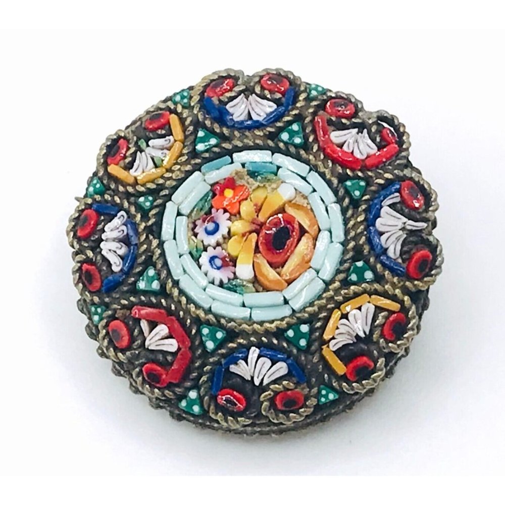 Vintage Antique Micro Mosaic Millefiori Flower Brooch Pin Estate